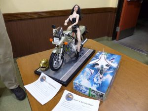 Tim Shipley brought in this Tamiya 1-6 Scale Tamiya Motorcycle and 1-72 Scale Hasegawa X-29A.