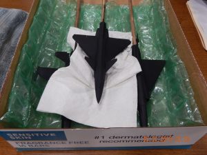 Bob Ekstrom brought in these 1-48 scale F-16B, Mirage 2000 and J-20. All are painted flat black to be used as training models in the Top Gun II movie.